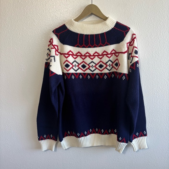 jcpenney Sweaters - Vintage JCPenny Size Large Navy Blue White Red Fair Isle Knit Sweater Preppy